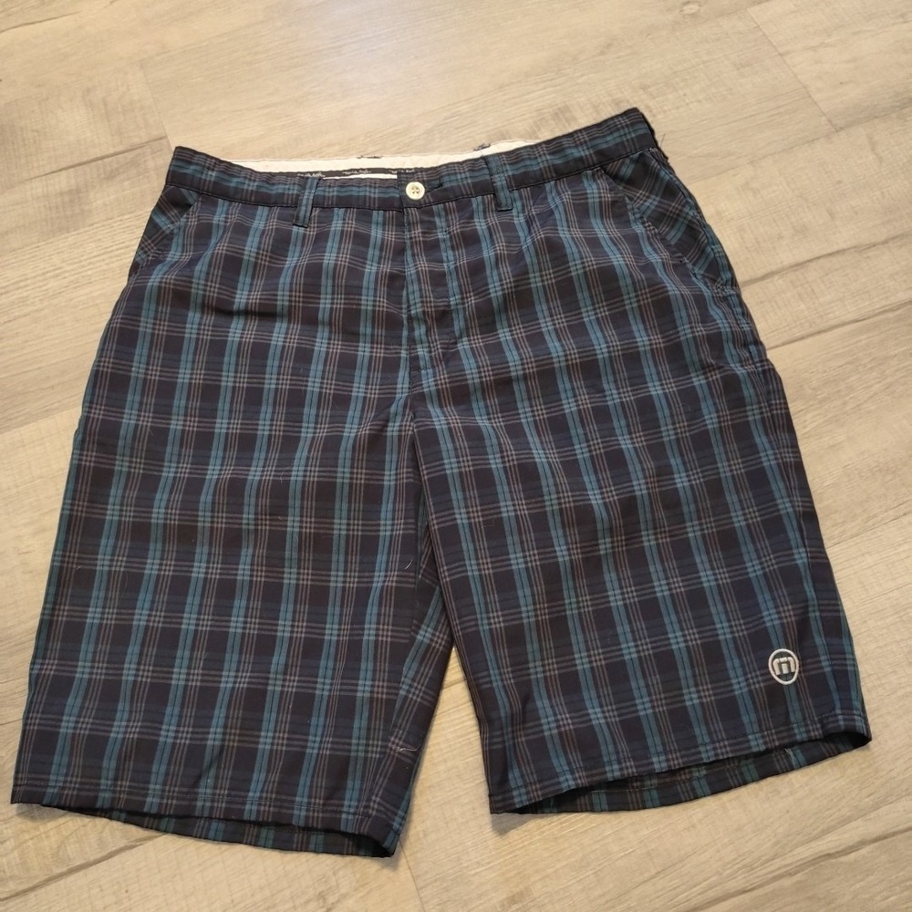 Travis Mathew Golf Shorts 38 Plaid Blue Green Chino Sport 11 inch